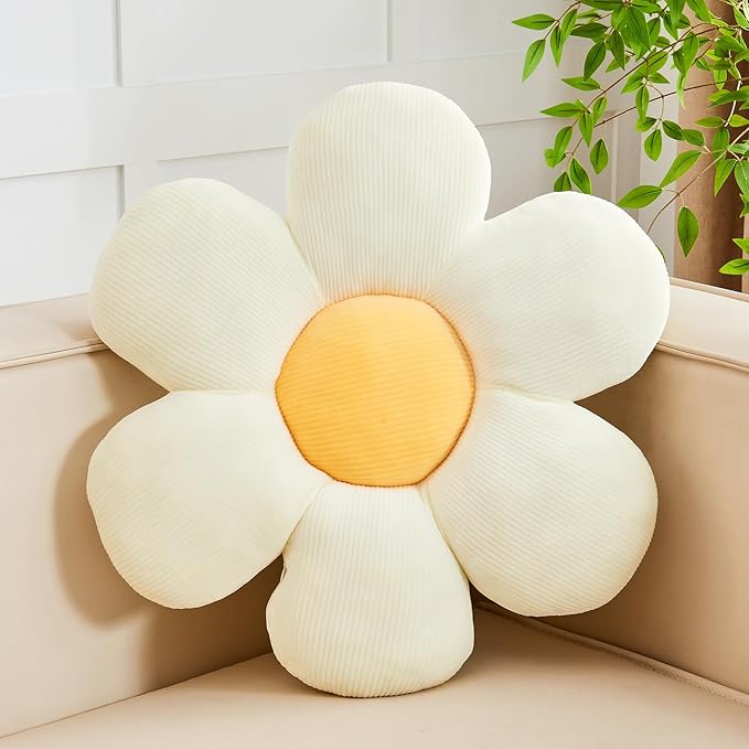 White Yellow Flower Pillow, 19.6" Cute Flower Shaped Floor Pillow, Aesthetic by Kcvvcr