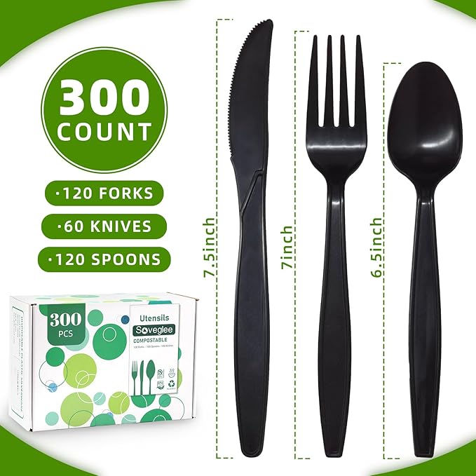 Black Compostable Silverware, Plastic 120 Forks 120 Spoons 60 Knives, Non - Image 2
