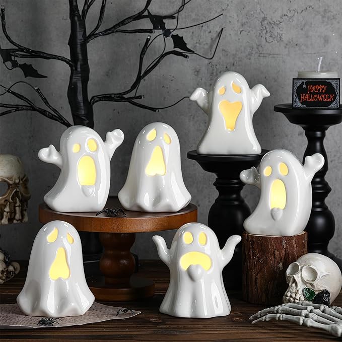 Wesiti 6 Pcs Ceramic Ghost Light up Halloween Decorations Indoor Small White - Image 4