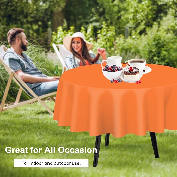 QIKSION Orange Round Tablecloth 2 Pack, 84 Inch Plastic Table Cover Disposable - Image 4