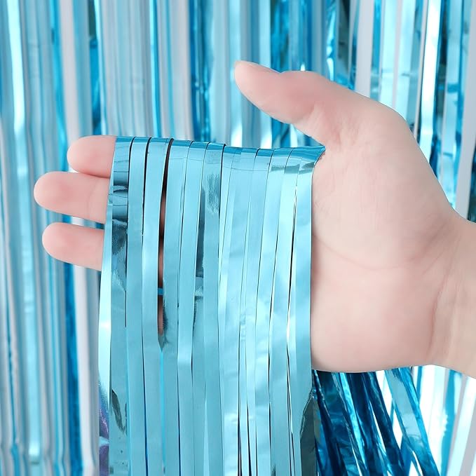 4 Pack 3.3x8.2 Feet Light Blue Foil Fringe Backdrop Curtains, Tinsel Streamers - Image 2