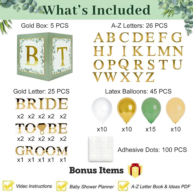 101 PC Greenery Bridal Shower Decorations Balloon Boxes Gold- Blocks - Image 3