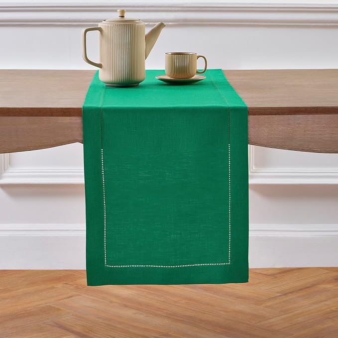 Solino Home Linen Emerald Green Hemstitch Table Runner 48 Inches by SolinoHome