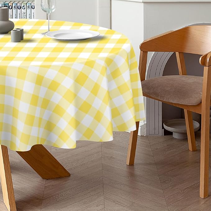 QIKSION Yellow Gingham Round Tablecloth 6 Pack, 84 Inch Plastic Checkered Table - Image 3