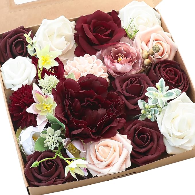 Floroom Burgundy Artificial Flowers Marsala Fake Roses Peonies Dahlia Greenery by Floroom