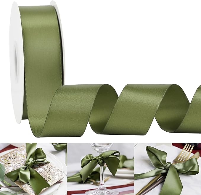 HUIHUANG 1-1/2 inch Double Face Satin Ribbon, Polyester Moss Green Ribbon 50 by HUIHUANG