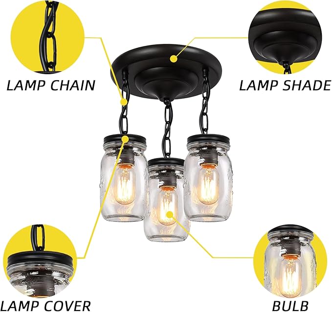 Glass Mason Jar Light Fixtures, 3-Lights Pendant Ceiling Lights Flush Mount - Image 5