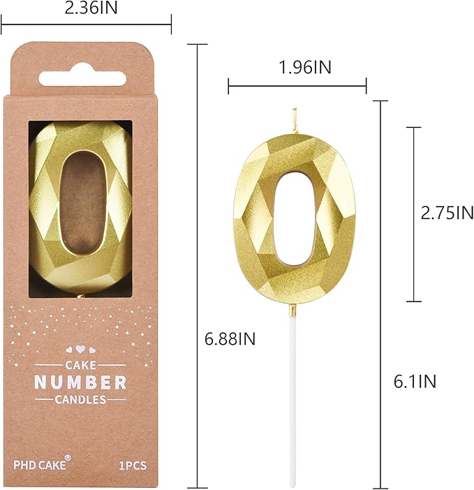 PHD CAKE 2.76 Inch Crystal Gold 0 Number Birthday Candles, Cake Number Candles - Image 6