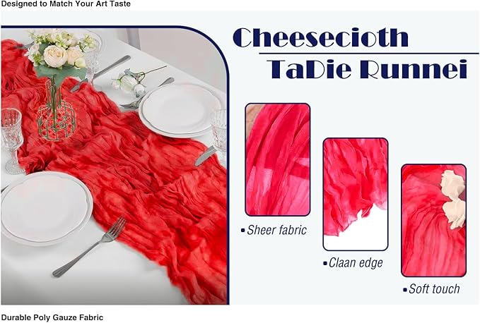 6 Pack 10ft Red Cheesecloth Table Runner 21x120 Inch Boho Wrinkled Sheer - Image 2