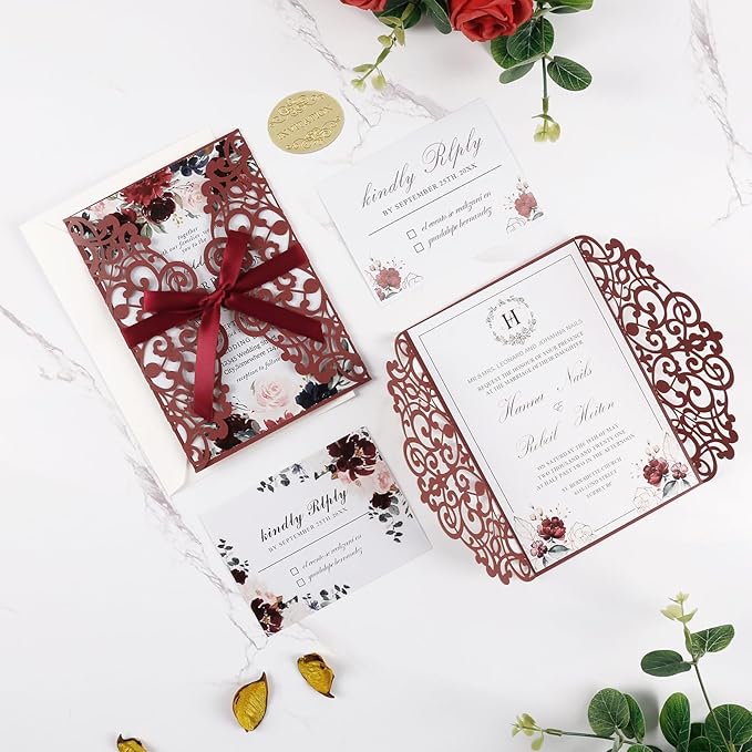 50pcs Burgundy Wedding Invitation Cards Pocket - Image 7