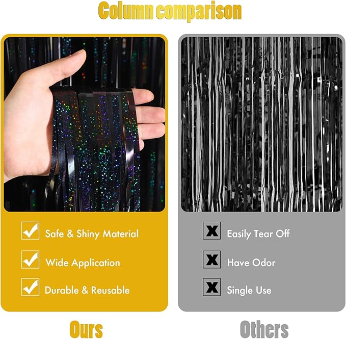 CANREVEL 2 Pack 3.3x8.2 Feet Laser Black Foil Fringe Backdrop Curtains - Image 2