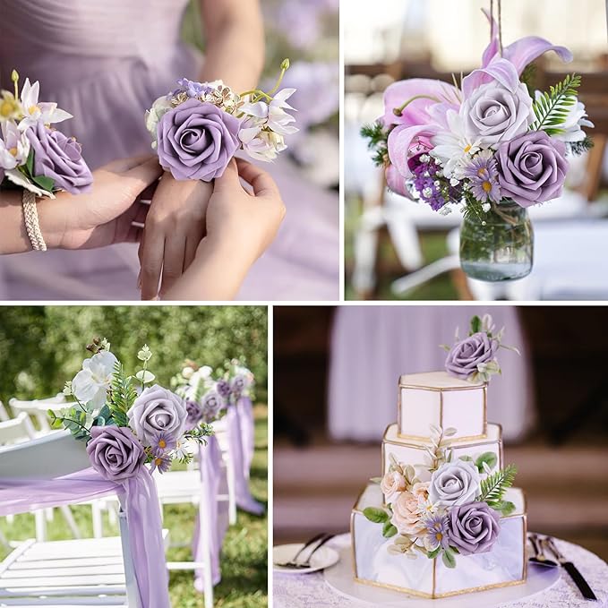 AmyHomie 25pcs Real Looking Artificial Pale Lavender Roses w/Stem - Image 3