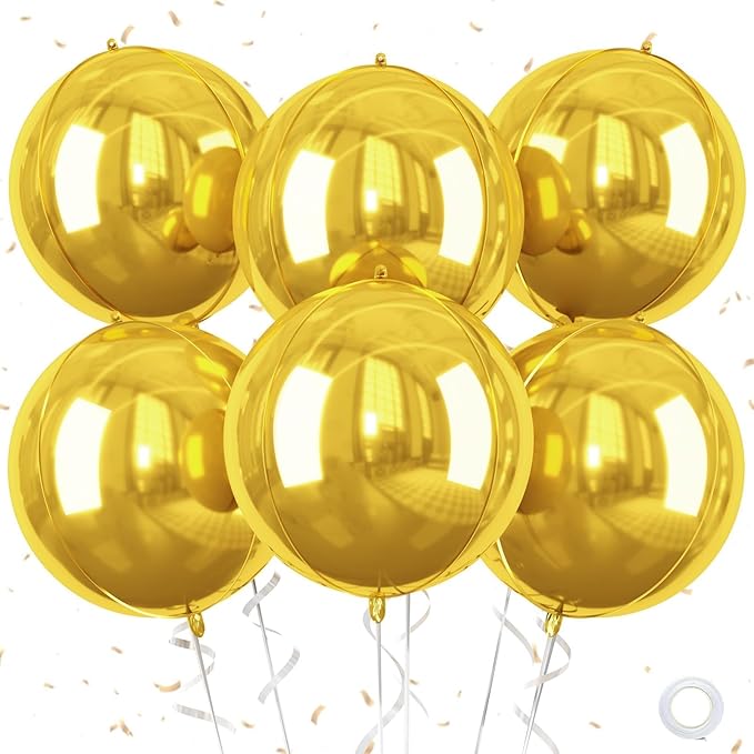 Gold Giant 4D Foil Balloons, Saxuxu 6Pcs Large Metallic Gold Round Balloons by Saxuxu
