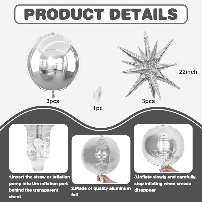6Pcs Silver Foil Balloons, 22Inch Silver 4D Round Ball Balloon and Explosion - Image 2