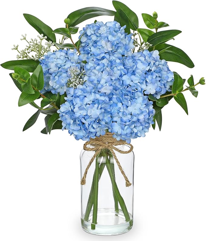Hollyone Blue Hydrangea Artificial Flowers in Clear Glass Vase by Hollyone
