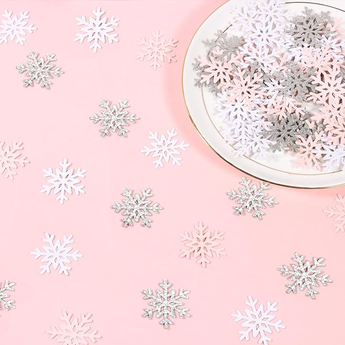 200PC White Pink Silver Snowflake Confetti - Image 2