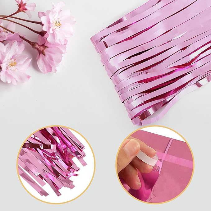 5 Pack Pink Fringe Foil Curtain 3.2ft x 8.2ft Tinsel Backdrop Streamers - Image 4