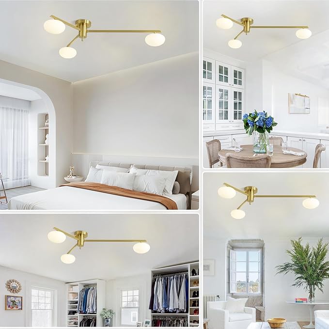 3-Light Gold Semi Flush Mount Ceiling Light, Modern Sputnik Chandelier - Image 6