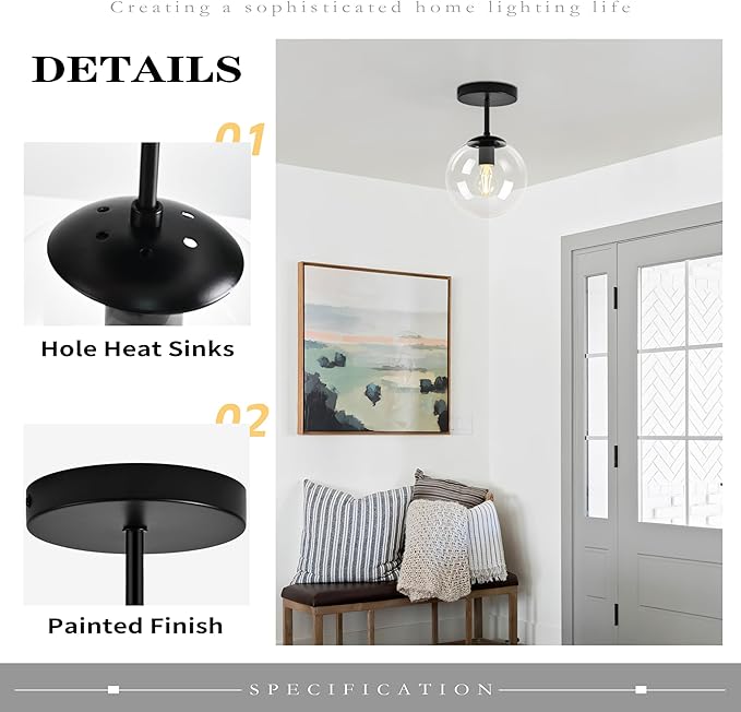 Globe Semi Flush Mount Ceiling Light, Mid Century Modern Light Fixture Ceiling - Image 5