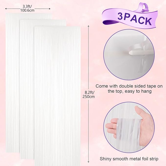 3 Pack 3.3x8.2 Feet White Foil Fringe Backdrop Curtains, Tinsel Streamers - Image 3