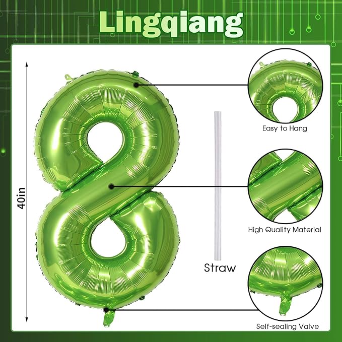 40 Inch Green Foil Balloon Number 8, Giant Self Inflating Number Balloons 0-9 - Image 2