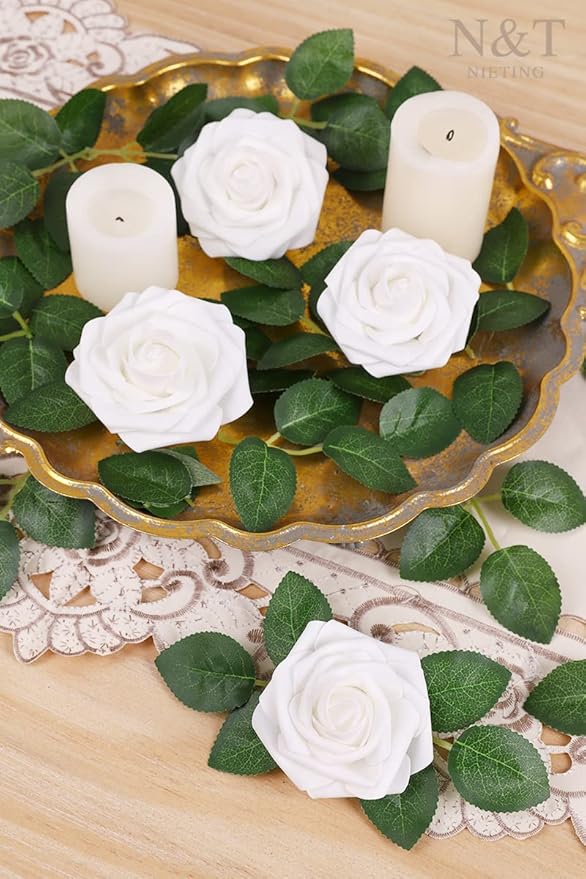 N&T NIETING Artificial Flowers 50pcs Real Touch White Flowers Artificial Roses - Image 9