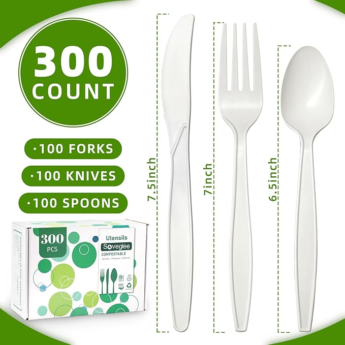 300 Count 100% Compostable Silverware, Ivory White Disposable Silverware - Image 2