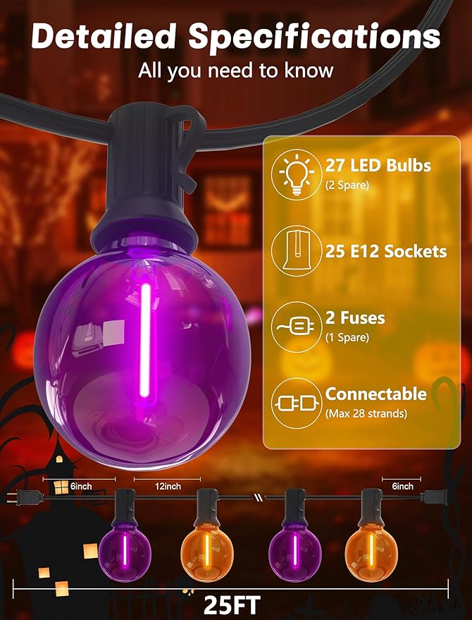 SUNSGNE G40 LED Outdoor Halloween String Lights 25FT Globe String Lights - Image 2