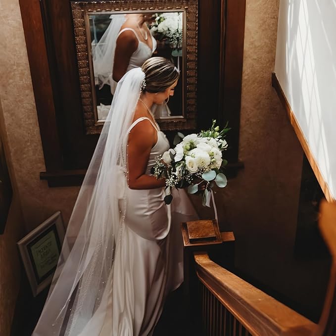 1 Tier Pearl Wedding Bridal Veil - Image 3