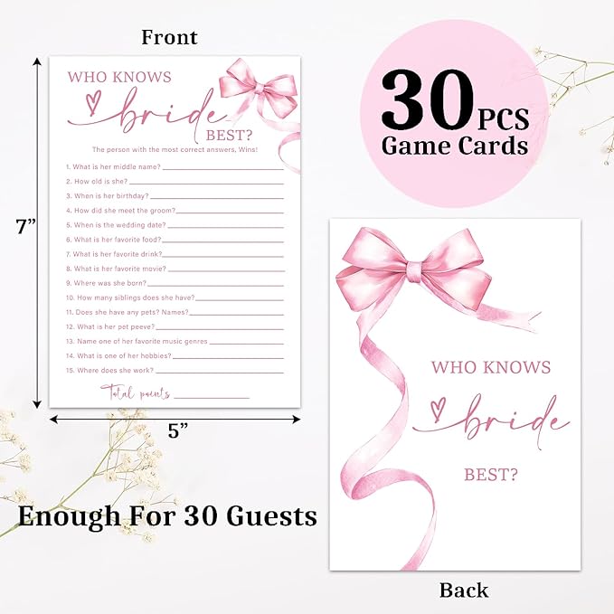 Pink Bow Wedding Shower Games Cards, Bridal Shower Games 30 Guest, Engagement - Image 2