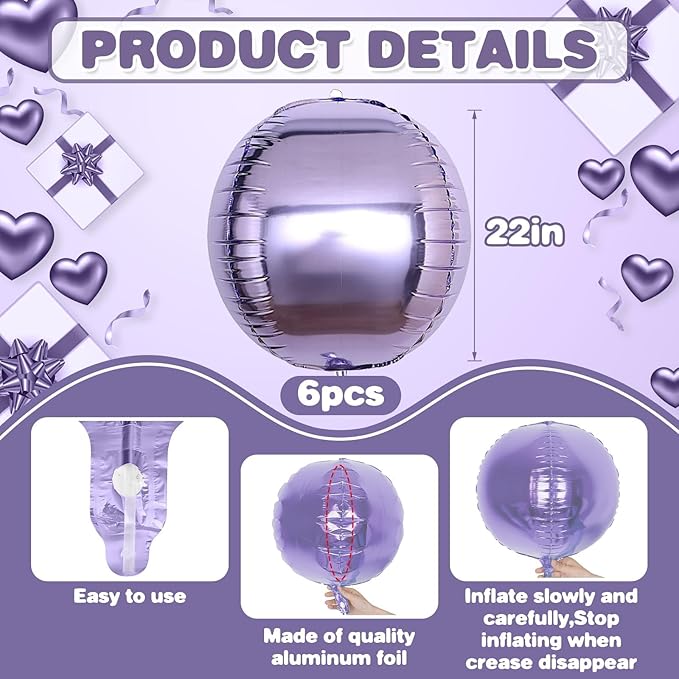 6Pcs Purple Round Foil Balloons, Giant 4D Round Ball Balloon, 22 Inch Metallic - Image 2