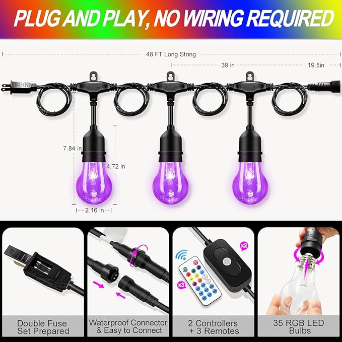 96FT Solar Outdoor String Lights, 30 Shatterproof Edison Bulbs, Dimmable Color - Image 5