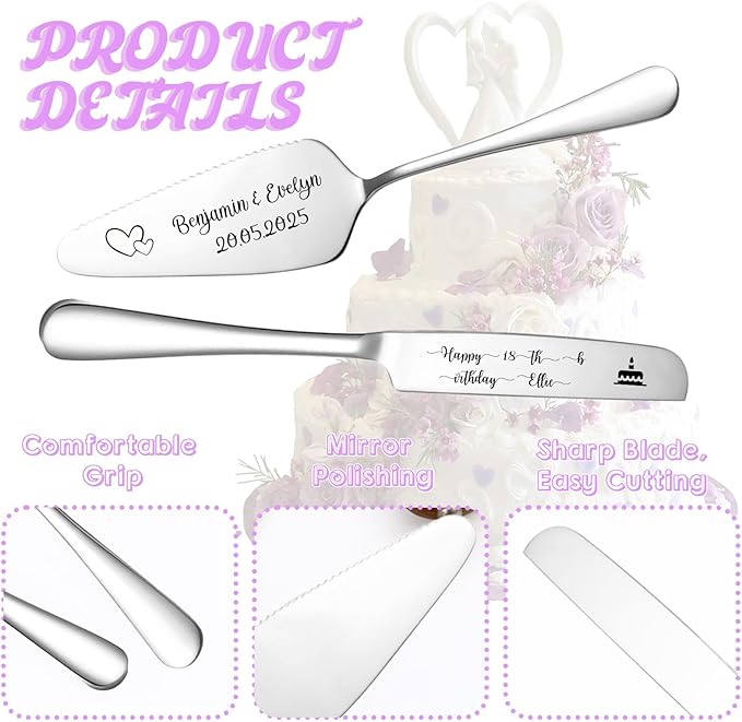 Custom Wedding Cake Knife and Server Set, Personalised Cake Serving Kit - Image 4