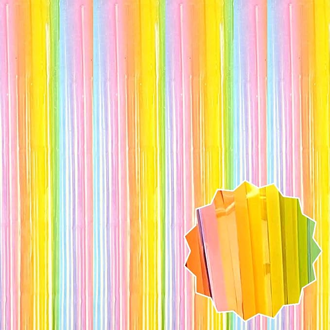 6 Pack Rainbow A Foil Fringe Curtains Backdrop, 3.28 x 8.2 Ft Metallic by LANTIANCHEN