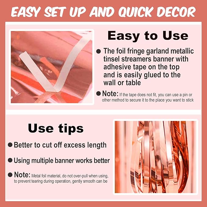 4 Pack 10 Ft Rose Gold Foil Fringe Garland Metallic Streamers Tinsel Banner - Image 3