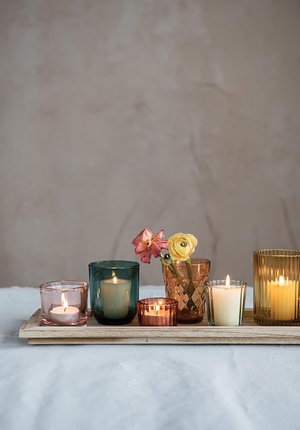 Creative Co-Op Round Glass Votive Holders on Wood Tray - Image 3