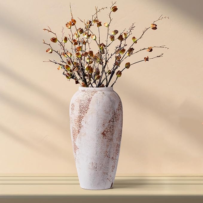 Large Rustic Vase for Flowers, 13.8'' White Farmhouse Ceramic Vases for Home by TISEMENT