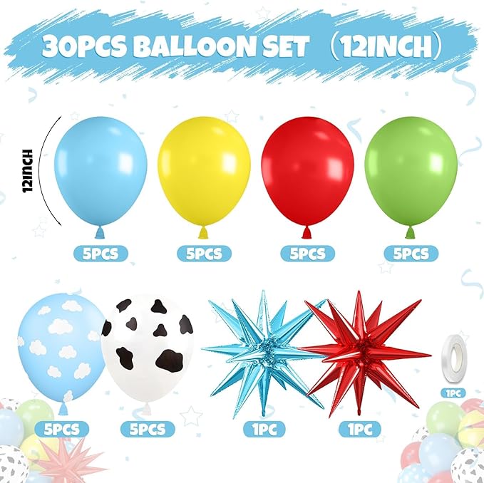 Red Blue Yellow Balloons, 12 Inch Cow Pattern Cloud Light Blue Yellow Red Fruit - Image 2