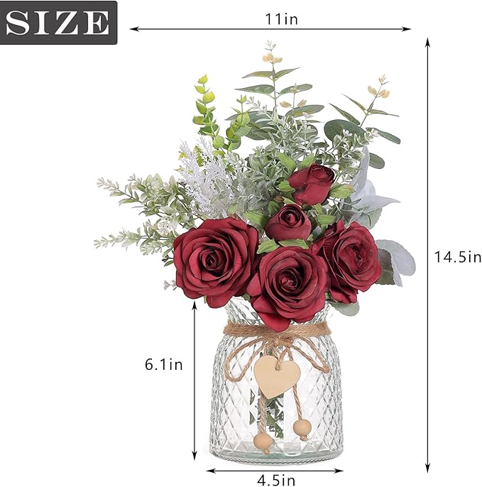 Faux Flowers with Vase, Artificial Silk Roses in Vase, Fake Plant Eucalyptus - Image 6