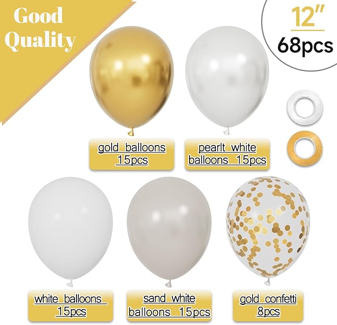 68Pcs Sand White Gold Confetti Balloons Kit 12 Inch Ballons Beige Pearl White - Image 2