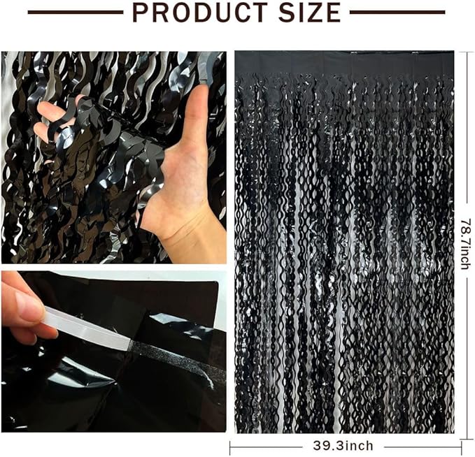 Black Backdrop for Party Decorations, Wave Foil Fringe Curtain Tinsel Photo - Image 2
