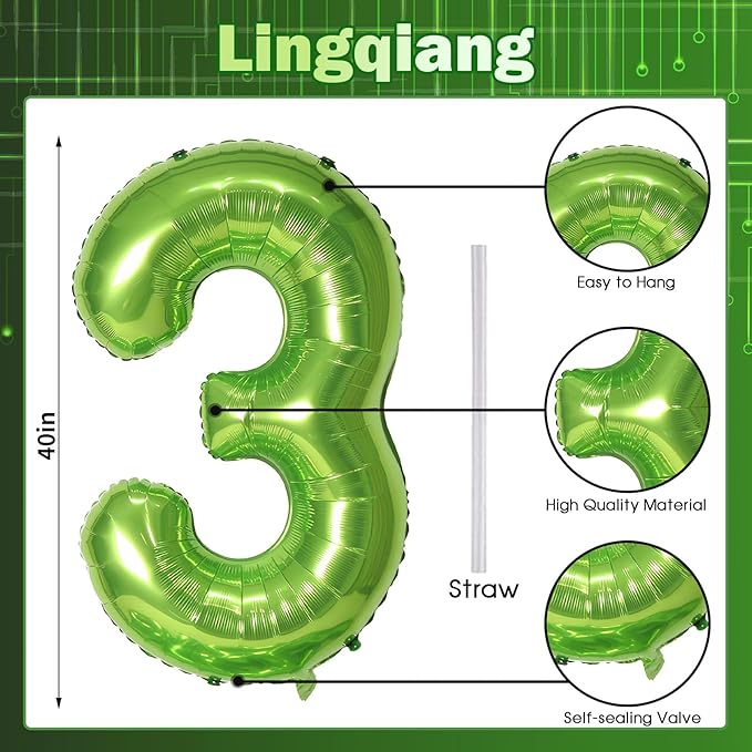 40 Inch Green Large Numbers Balloons 3, Self Inflating Digit 3 Helium Balloons - Image 2