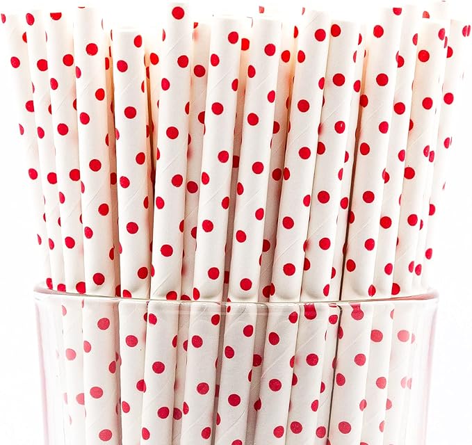 Pack of 900 Red Polka Dot Biodegradable 4-Ply Paper Drinking Straws by Stephanie+Imports