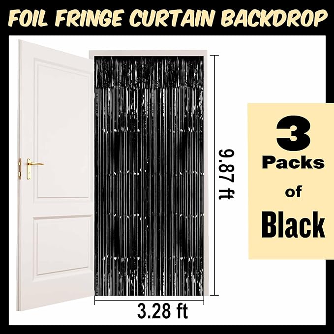 3 Pack Black Foil Fringe Curtains Backdrop, 3.28 x 9.8 Ft Metallic Streamers - Image 2