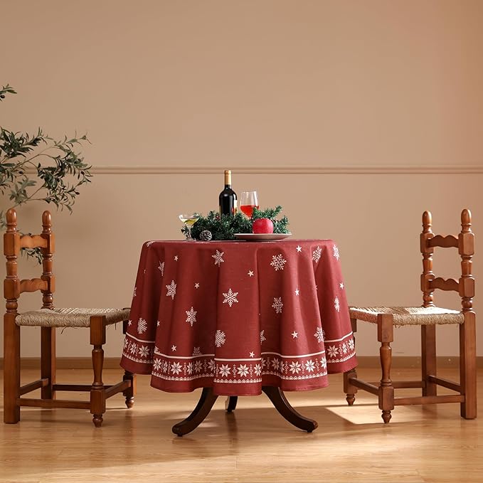 ISAENNE Designer Christmas Red Round Tablecloth, Linen Table Cloth - Image 2