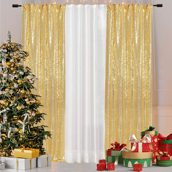 SquarePie Sequin Curtain 2 Panels 2FT x 8FT Gold Backdrop - Image 2