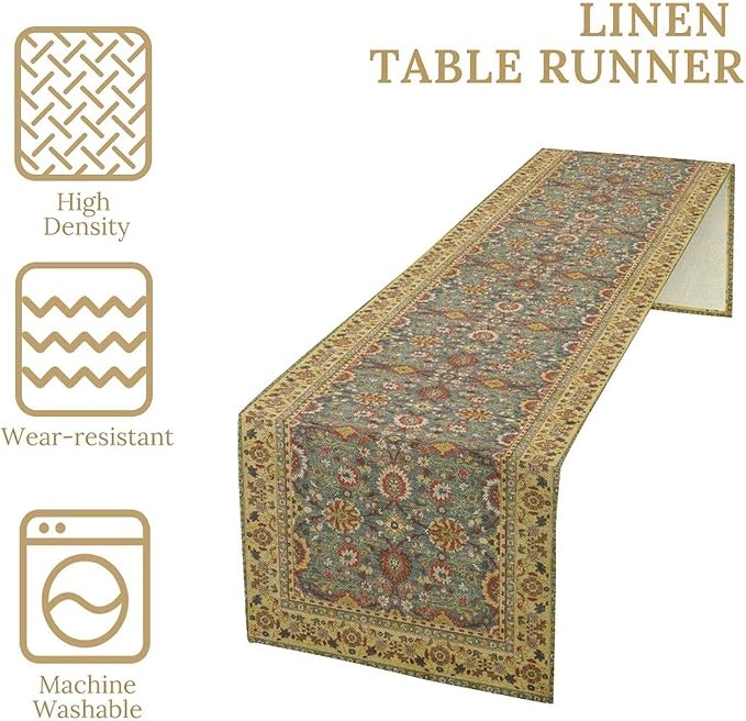 Boho Floral Vintage Beige Blue Table Runner, Retro Flower Rustic Country - Image 5