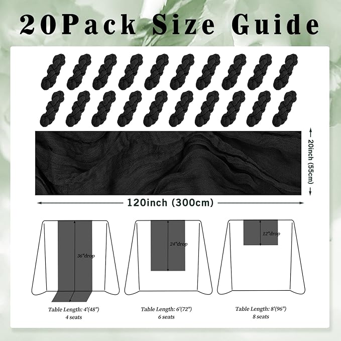 10FT 20 Pack Black Cheesecloth Table Runner 20 x 120 Inch Long Boho Fabric - Image 2