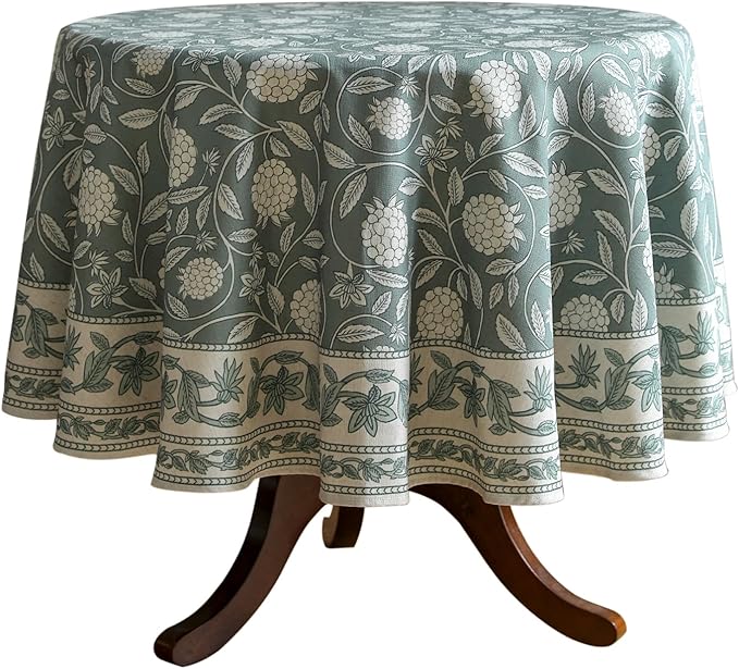 ISAENNE Designer Grayish Green Linen Round Tablecloth, Floral Elegant Stain by Isaennehomedecoration