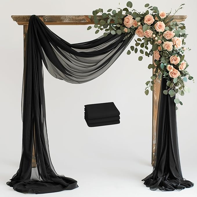Wokceer Black Wedding Arch Draping Fabric Backdrop 3 Panels 28.7" X 20FT Sheer by Wokceer